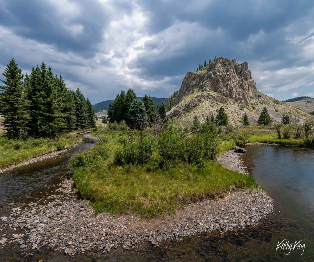 A sweeping summer view of Comanche Point at the confluence of the Rio Costilla and Comanche Creek in Northern New Mexico's Valle Vidal. The meandering river flows through the foreground's lush meadows, framed by dark evergreens and a dramatic, cloud-filled sky that highlights the rugged beauty of the "Valley of Life."