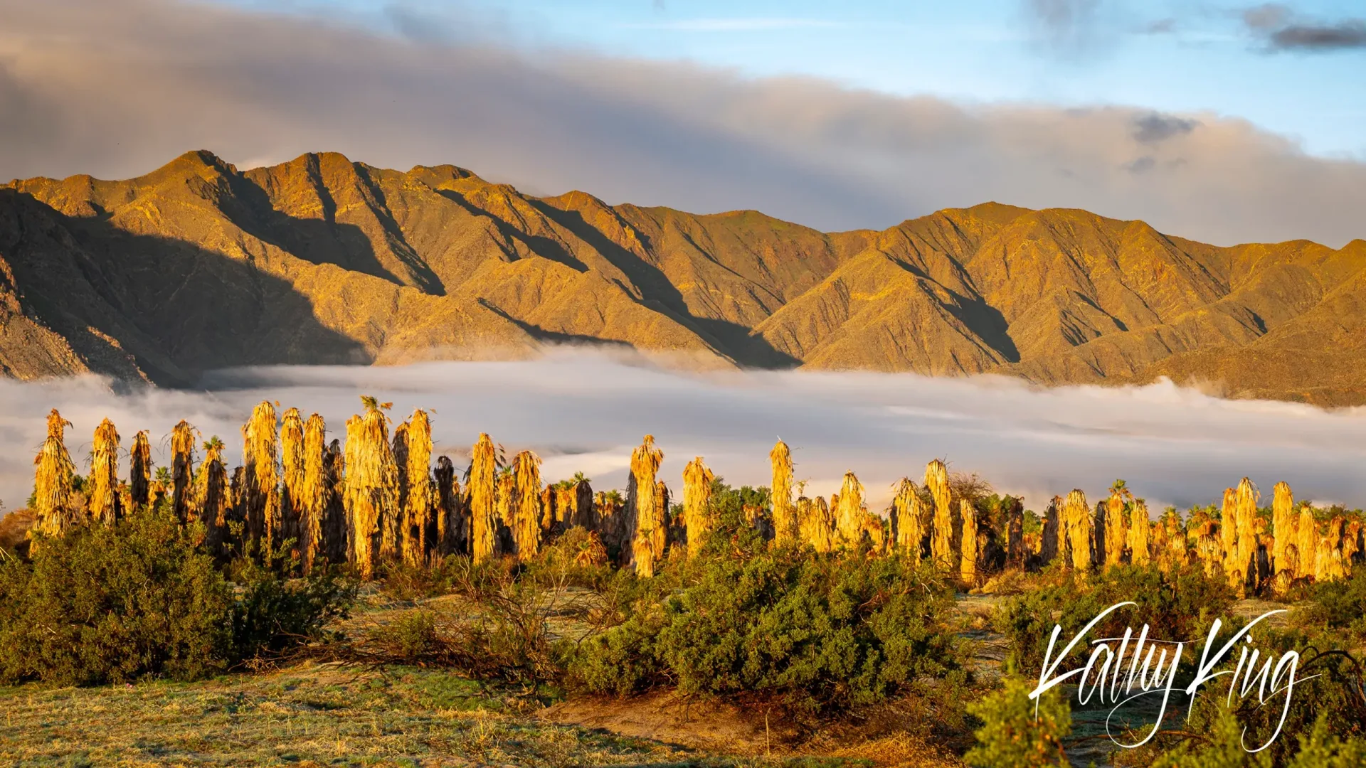 Towering rock formations resembling natural pillars rise from desert scrubland against a backdrop of golden mountain ranges bathed in warm sunset light. Low-lying mist or clouds drift between the eroded sandstone spires and distant peaks, creating a mystical atmosphere in this arid landscape.