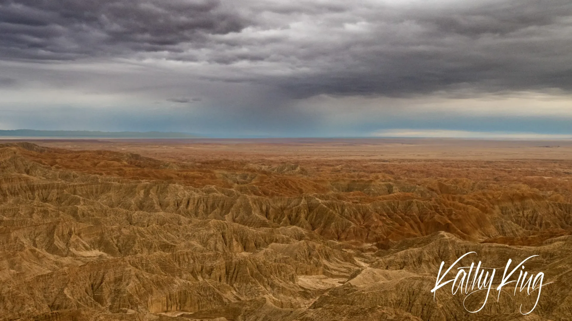 Dramatic storm clouds gather over an expansive desert badlands landscape, with deeply eroded sandstone formations creating intricate patterns of ridges and valleys stretching to the horizon. The moody overcast sky contrasts with the warm earth tones of the rugged terrain, suggesting an approaching desert thunderstorm.